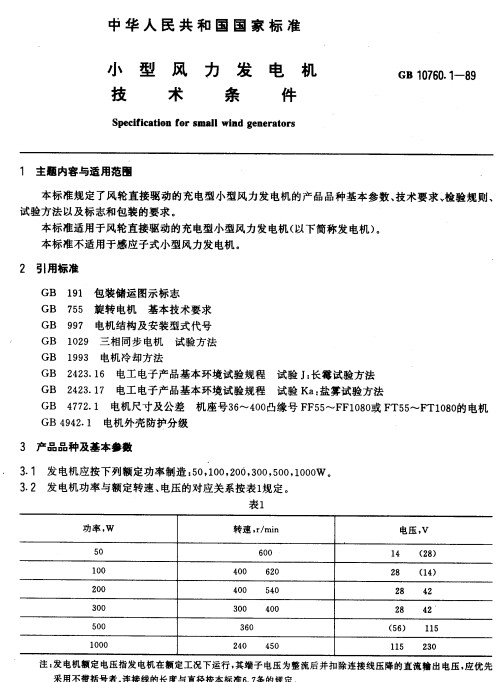 小型風力發電機技術條件